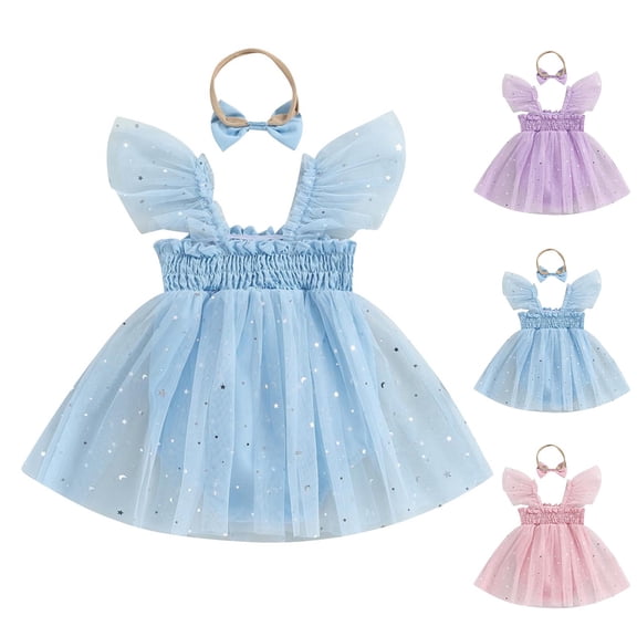 Summer Jumpsuit For Toddler Girls Ruffled Sleeve Sparkly Mesh Dress Romper Cute Onesies With Bow Headband (12 Months, Blue)