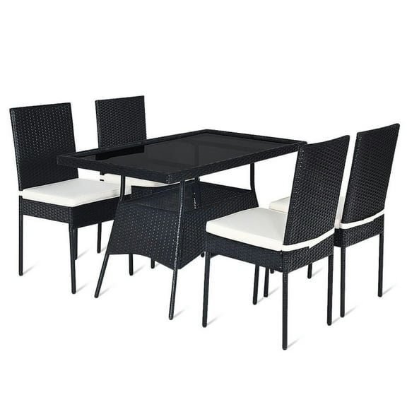 Spaco 5 Pieces Outdoor Patio Rattan Dining Set with Glass Top and Cushions, Dning Furniture Set with A Rectangular Dining Table and 4 Rattan Chairs, Rattan Dining Furniture Set for Outdoor, Black