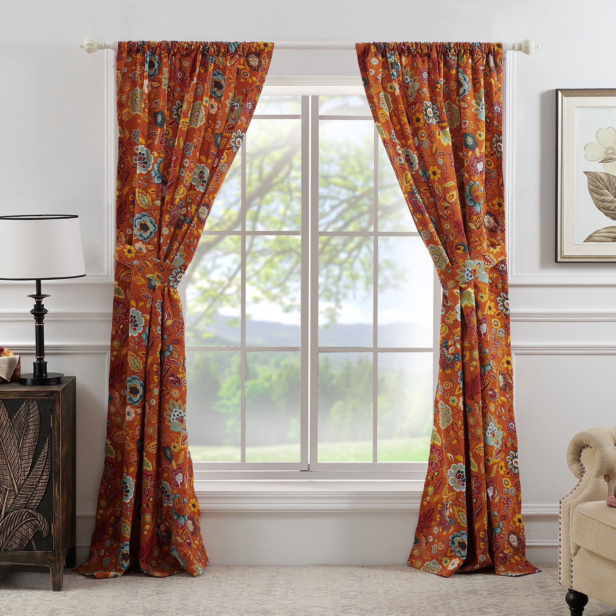 Global Trends Amanda Floral Curtain Panels, Set of 2, 63-inch L, Spice