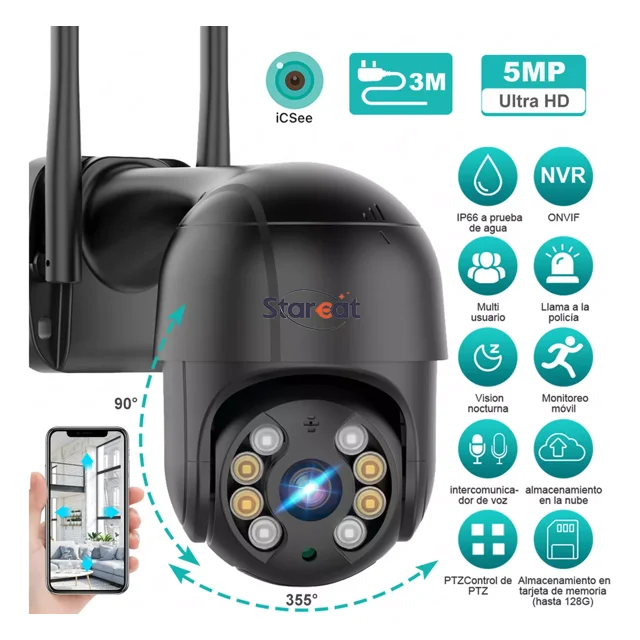 Cámara De Seguridad Starcat A8 PtzCamera Hd 5Mp WiFi Alarma Visión Nocturna Negro