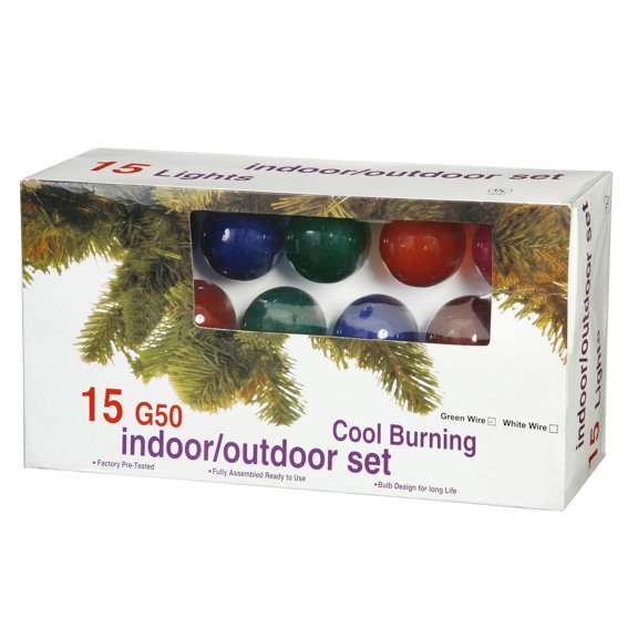 Vickerman 15 Multi-Colored G50 Light on Green Wire, 15' Christmas Light Strand
