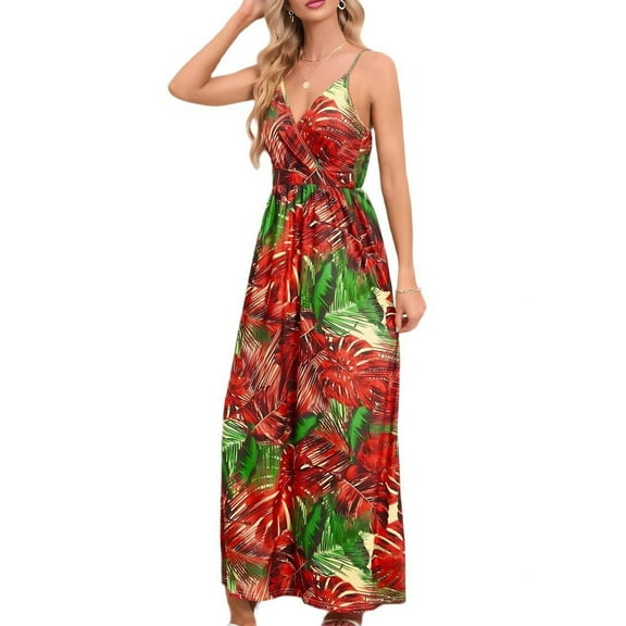 Women'S 2025 Summer Maxi Dress Floral Tie Front Spaghetti Strap Casual Boho Beach Flowy Sundress Red S