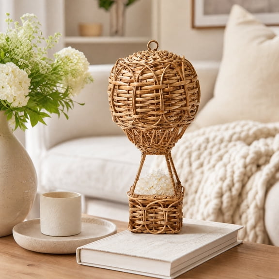 Natural Rattan Woven Hot Air Balloon Tabletop Centerpiece, Wicker Decorative Basket Accent, Boho Floral Display Holder for Dining Table, Mantel, Shelf, Entryway, Living Room & Home Decor