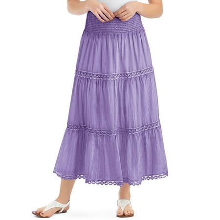 Women's Lace Trimmed Tiered Pull-On Skirt with Wide Elastic Waistband - Stylish Seasonal Skirt for Everyday Wear, Xx-Large, Lavender