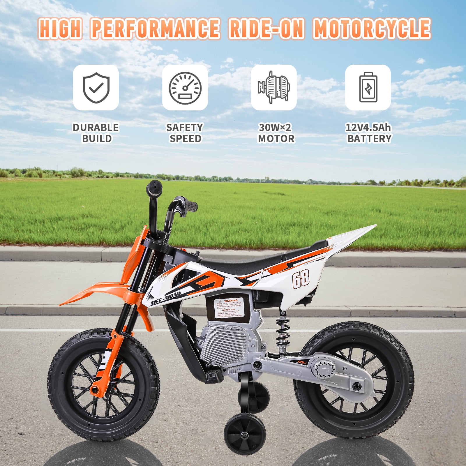 Farmdex 12V Ride on Dirt Bike for Kids, Ride on Motorcycle with 2 Training Wheels, Electric Motorcycle with Twist Grip Throttle, Built-in Music, 30W*2 Motors, Orange