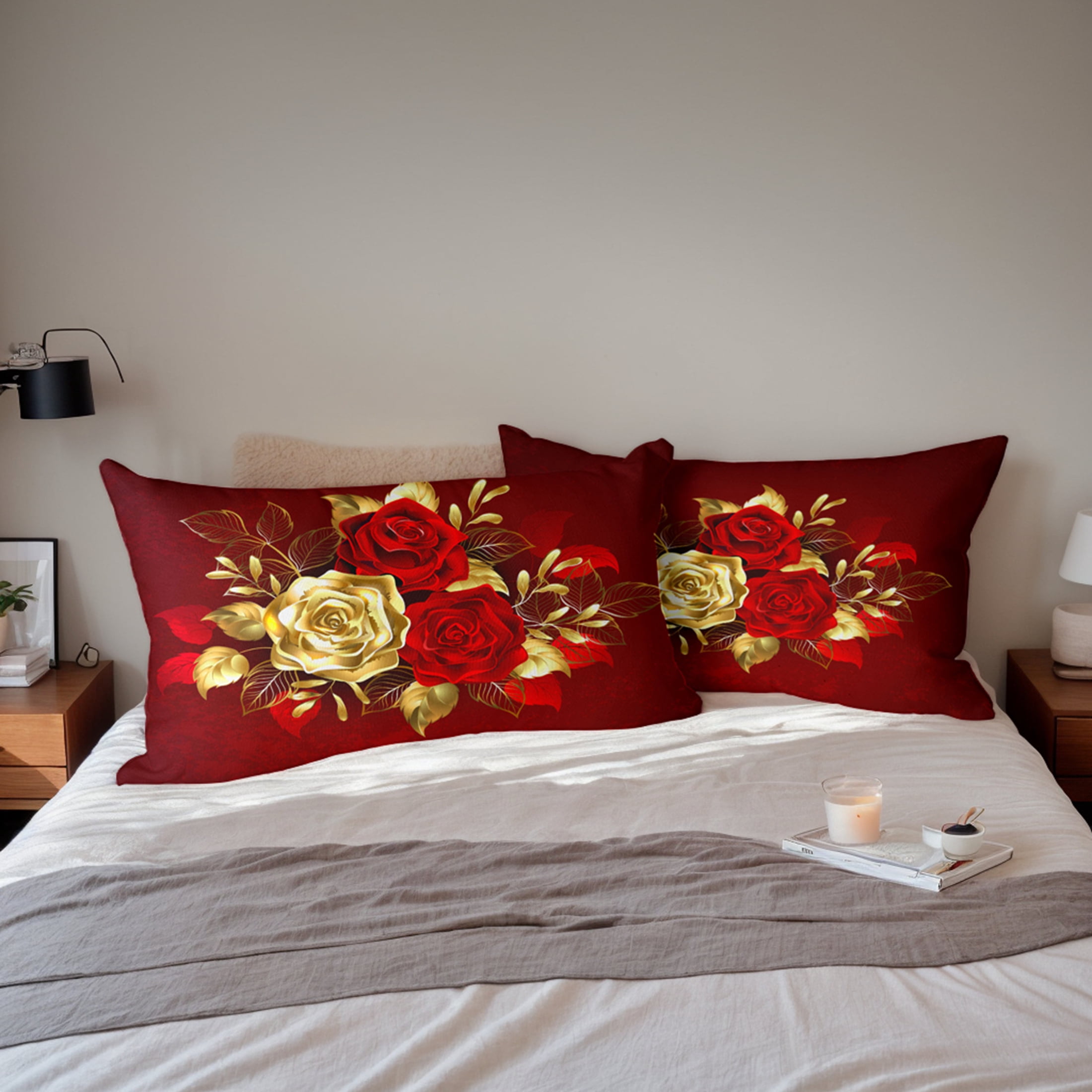Orylavena 3D Gold Red Rose Microfiber Duvet Cover Set, White Back, Twin