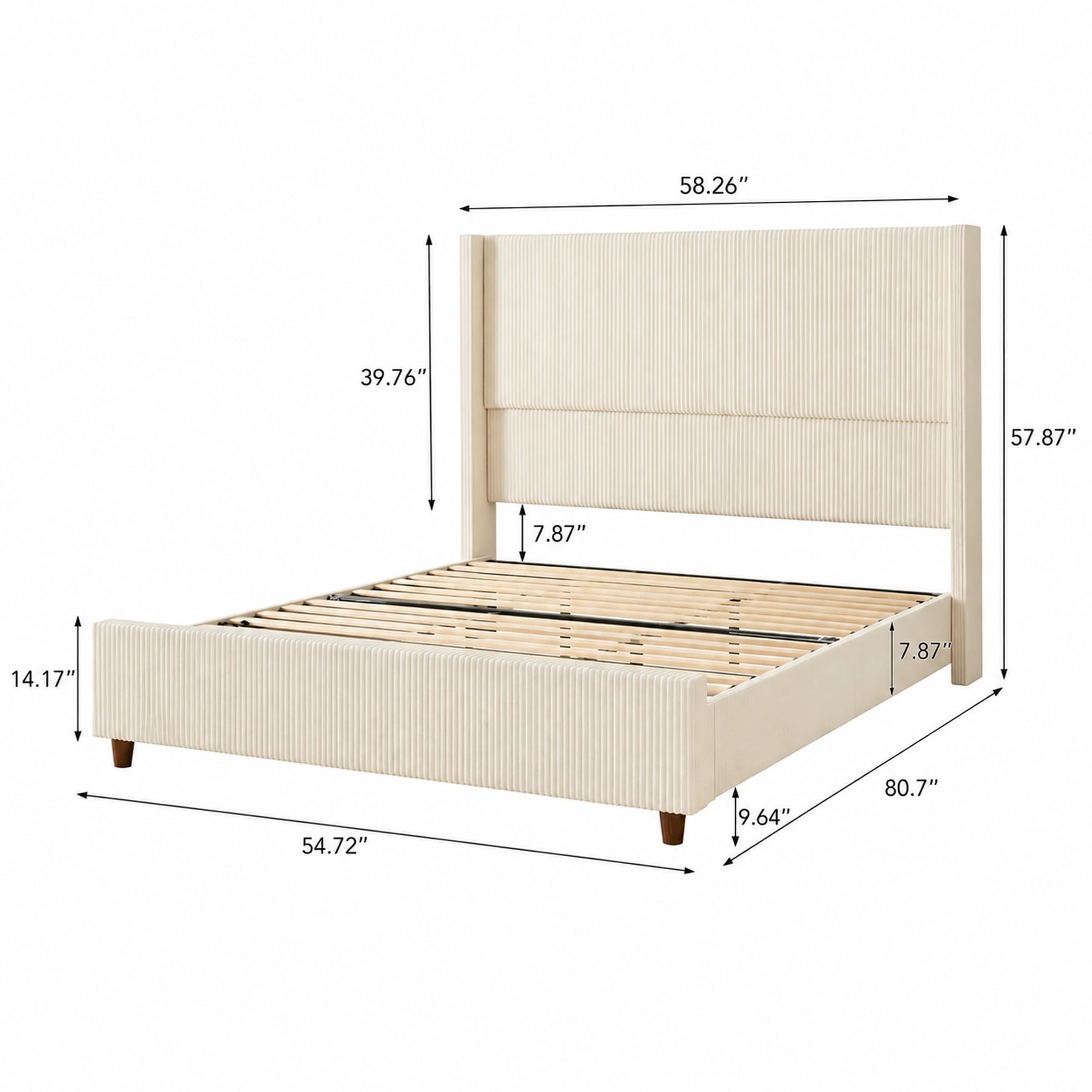 Leumius Full Size Bed Frame with Padded Headboard, Luxury Thick Base Bed with Extra-high Wingback Vertical Stripes, Sturdy Solid Wood Slats and Legs,Beige