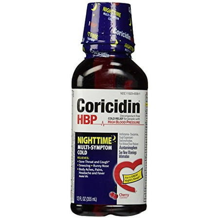 5 Pack - Coricidin HBP Nighttime Multi-Symptom Cold Liquid Cherry 12oz (Best Cold Treatment Medicine)