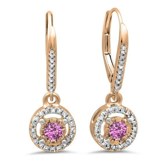 0.50 Carat (ctw) 14K Rose Gold Round Cut Pink Sapphire & White Diamond Ladies Cluster Halo Style Dangling Drop Earrings