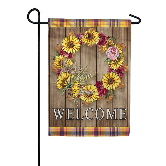 America Forever Sunflower Fall Wreath Welcome Garden Flag 12.5 x 18 inch Autumn Floral Foliage Plaid Check Farmhouse Seasonal Yard Outdoor Fall Decorations Double Sided Flag