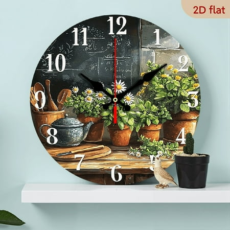 2D Flat 1pc 10Inch Rustic Kitchen Wall Clock with Potted Flowers Chalkboard Art Non Ticking Wooden Circular Design, Easy Read Black Numerals, Battery Operated (AA Not Included) for Kitchen, Bedroom