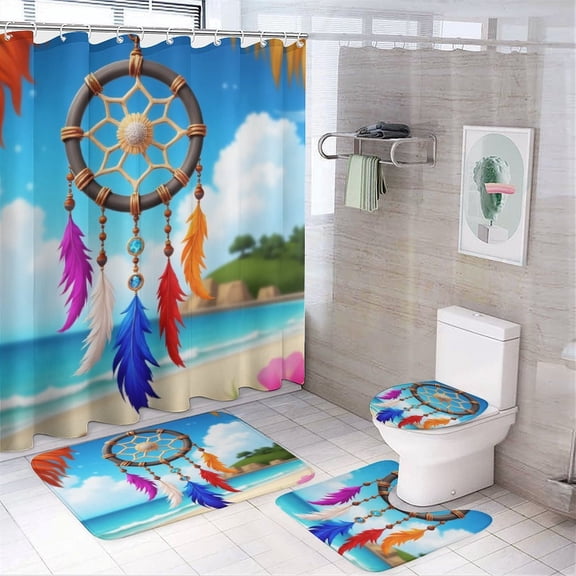 Beach Dreamcatcher Feathers Shower Curtain Sets Non-Slip Rugs Bath Mat Toilet Cover U Shaped Mat 4 Pcs