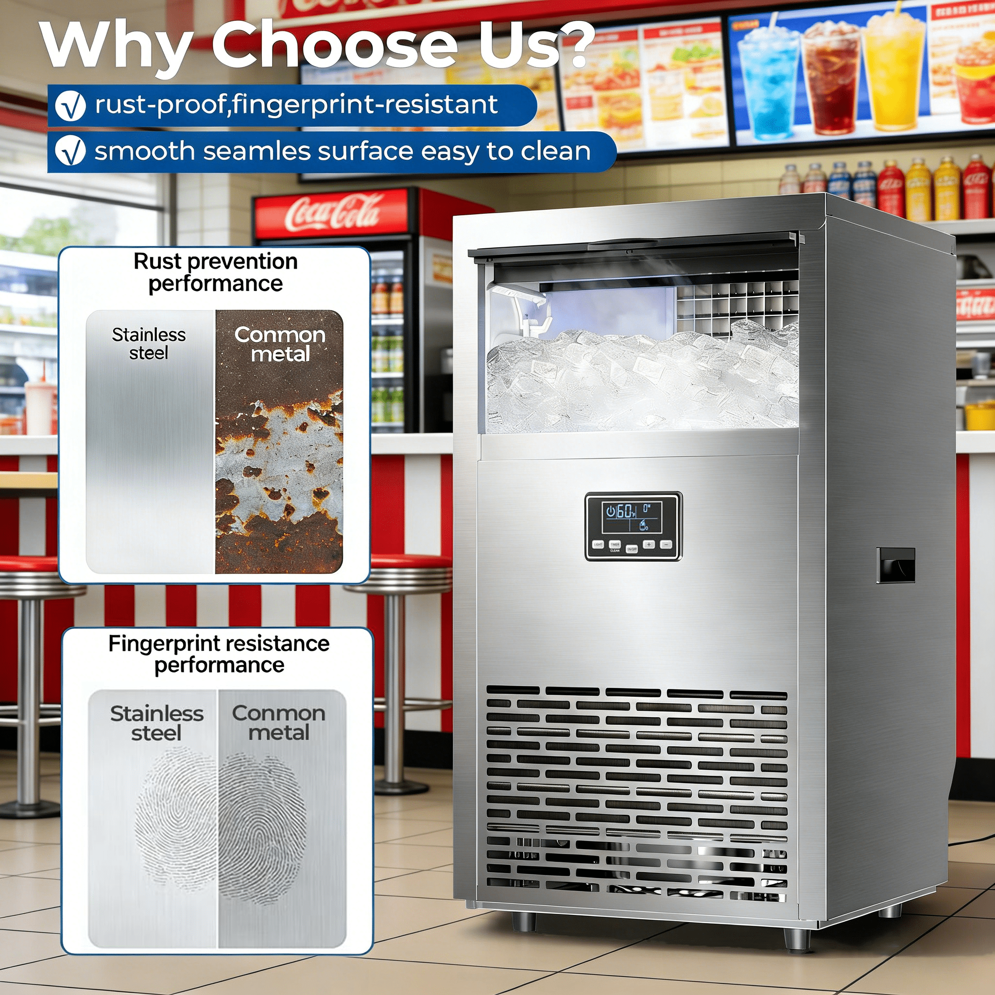Auseo 100Lbs/24H Commercial Ice Maker, Under Counter Ice Machine with 29lbs Storage Bin, Self-Cleaning & Adjustable Thickness, Stainless Steel