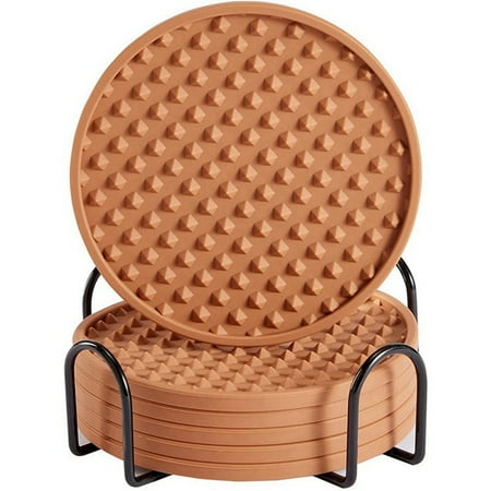 

6Pcs Silicone Coaster with Holder for Bar Desktop Non-(Brown)