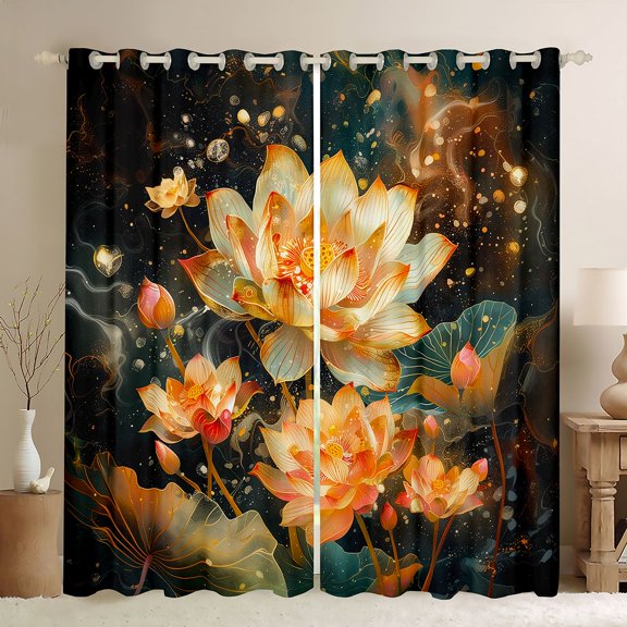 Manfei Rustic Flower Lotus Black Out Curtains,Countryside Lake Plant Curtains Pack of 2 (42x63 Each),Country Floral Bedroom Curtains For Girls,Breathable Home Decor