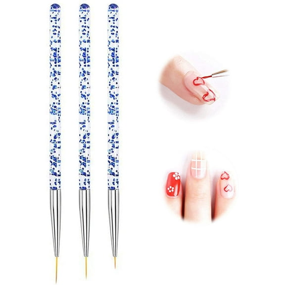 Ealicere 3 Pieces Blue Nail Art Pens Kit Nail Art Liner Brushes Double Ended Nail Dotting Drawing Pen,Crystal Beads Handle Manicure Nail Art DIY Decoration Tool