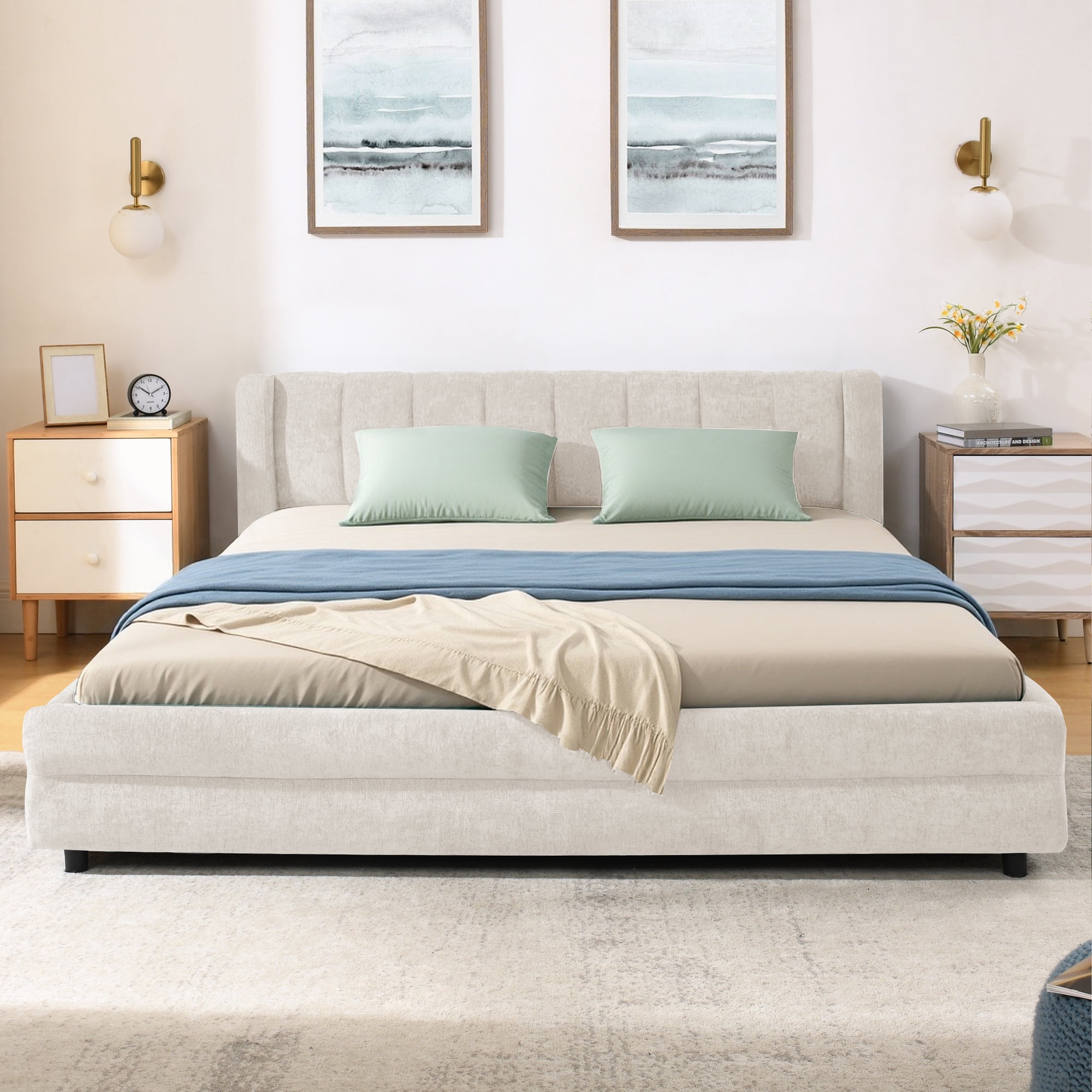 Modern Beige Wood Frame Queen Size Platform Bed, Queen Chenille Upholstered Platform Bed with Headboard & 4 Drawers