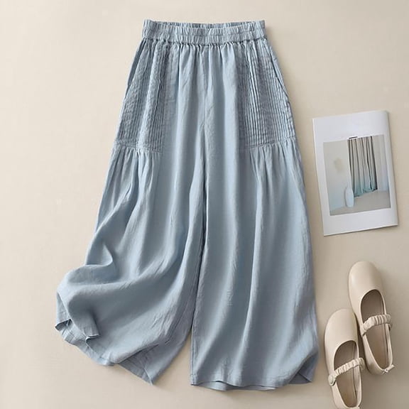 Women's Plus Size Cotton Linen Pants, High Waist Wide Leg Palazzo Pants, Elastic Waist Loose Fit Boho Trousers, Breezy Flowy Casual Pants for Women Spring and Summer Blue L