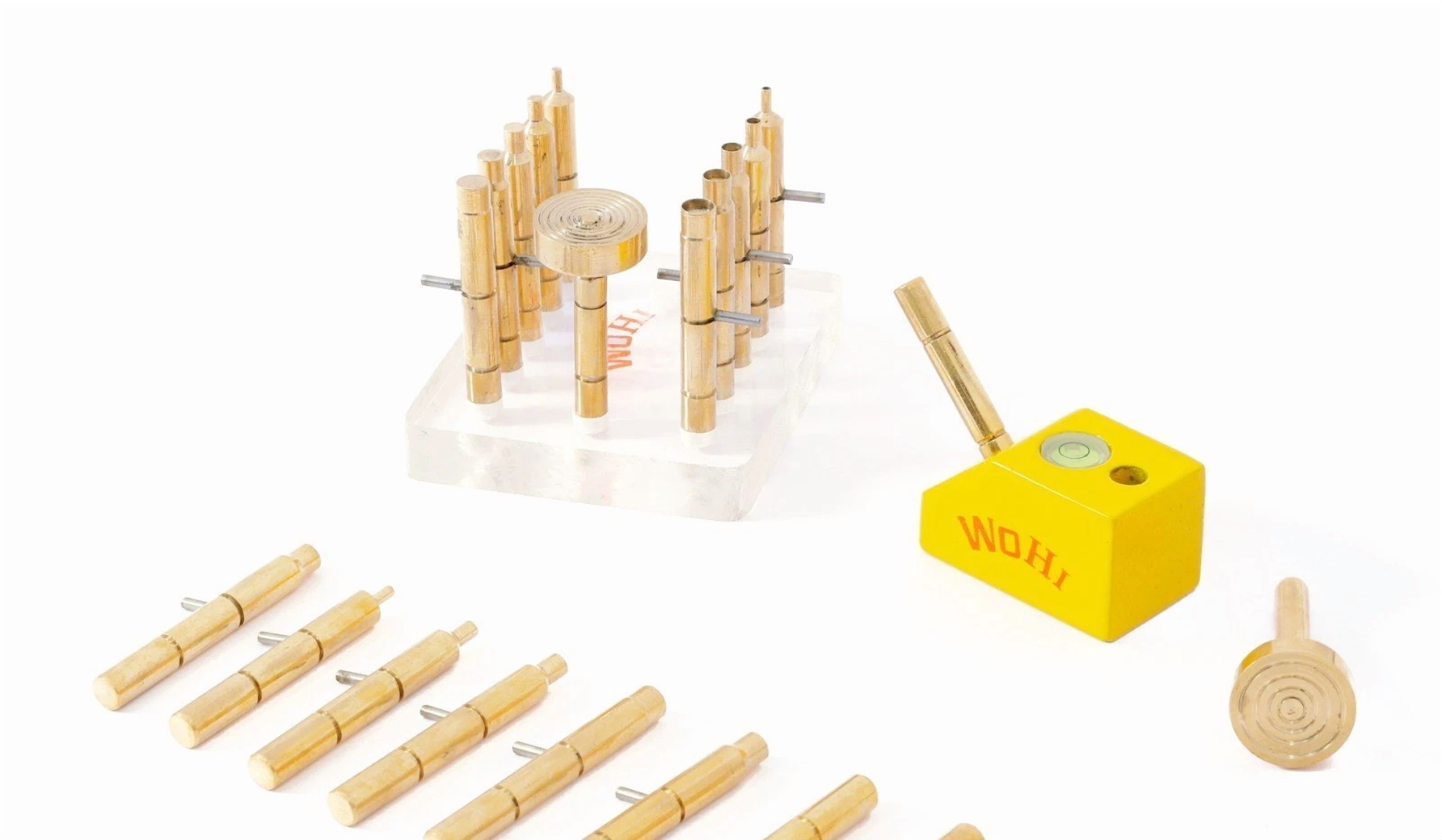 Wohi Innovations Gemstone Faceting Combo Set, 6mm/6.35mm Compatible, Includes 10 Brass Dopsticks, 1 Target DOP, 1 Brass Angle DOP, Allen Key