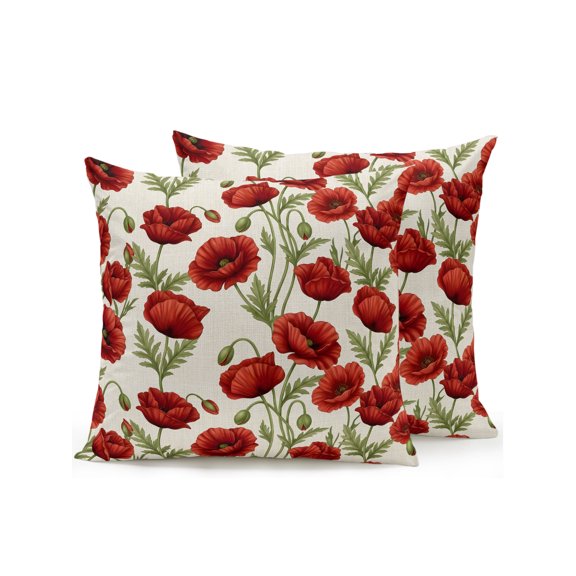 Outdoor Pillows Waterproof, Spring Floral Bedding Throw Pillows with Insert for Couch Sofa Bed, Red Poppy Green Leaves Botanical 16x16 Inch Pillowcases Decorative Camping Patio Pillow Set of 2