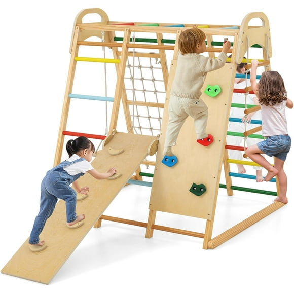 OLAKIDS Indoor Jungle Gym for Kids 8 in 1 Kids Wood Montessori Climber Playset with Slide Swing Climbing Net Monkey Bars Rope Ladder, Climbing Toys for Toddlers Boys Girls