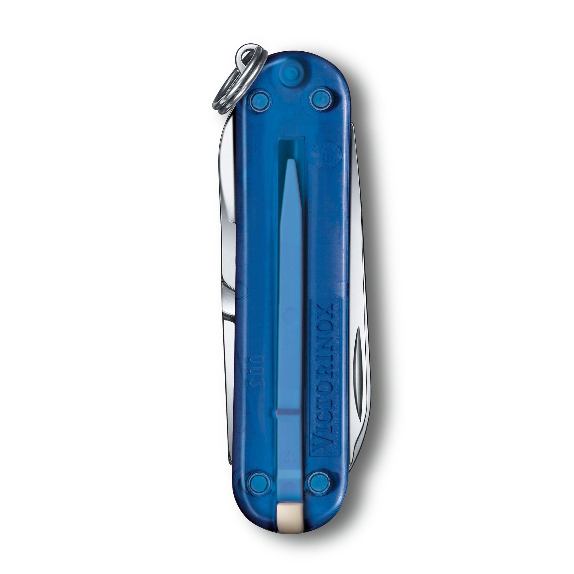 Victorinox Classic SD Swiss Army Knife, Compact, 7 Functions, Swiss Made Pocket Knife with Small Blade, Screwdriver and Key Ring - Transparent Blue