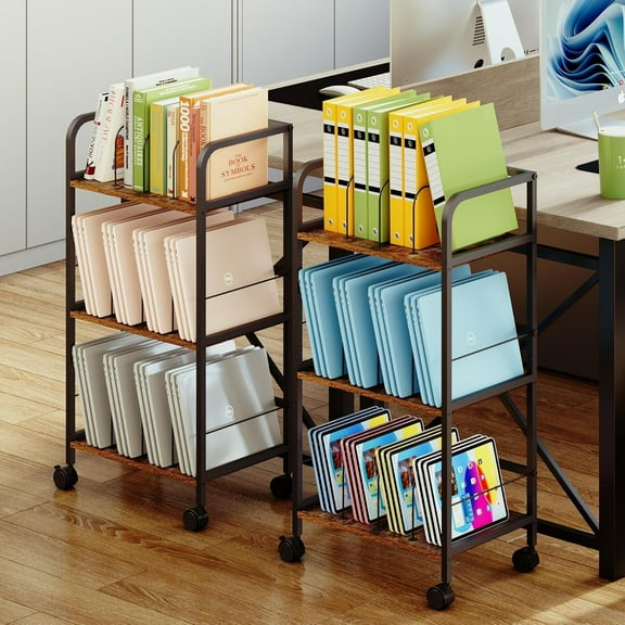 Rolling File Cart with Adjustable Dividers, 3-Tier Book Cart with Wheels, Utility Storage Rack for Office, Home, Classroom, Art Supply Organizer, Binder and Laptop Shelf Rack
