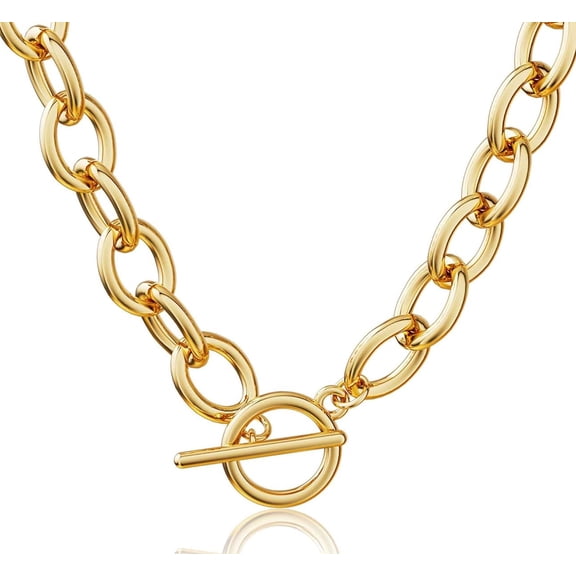 14K Gold Plated Chunky Necklace for Women, Trendy Paperclip Chain Necklace Thick Cross Heart Pendant Necklace Layered Herringbone Cuban Link Chain Toggle Necklaces Non Tarnish Jewelry