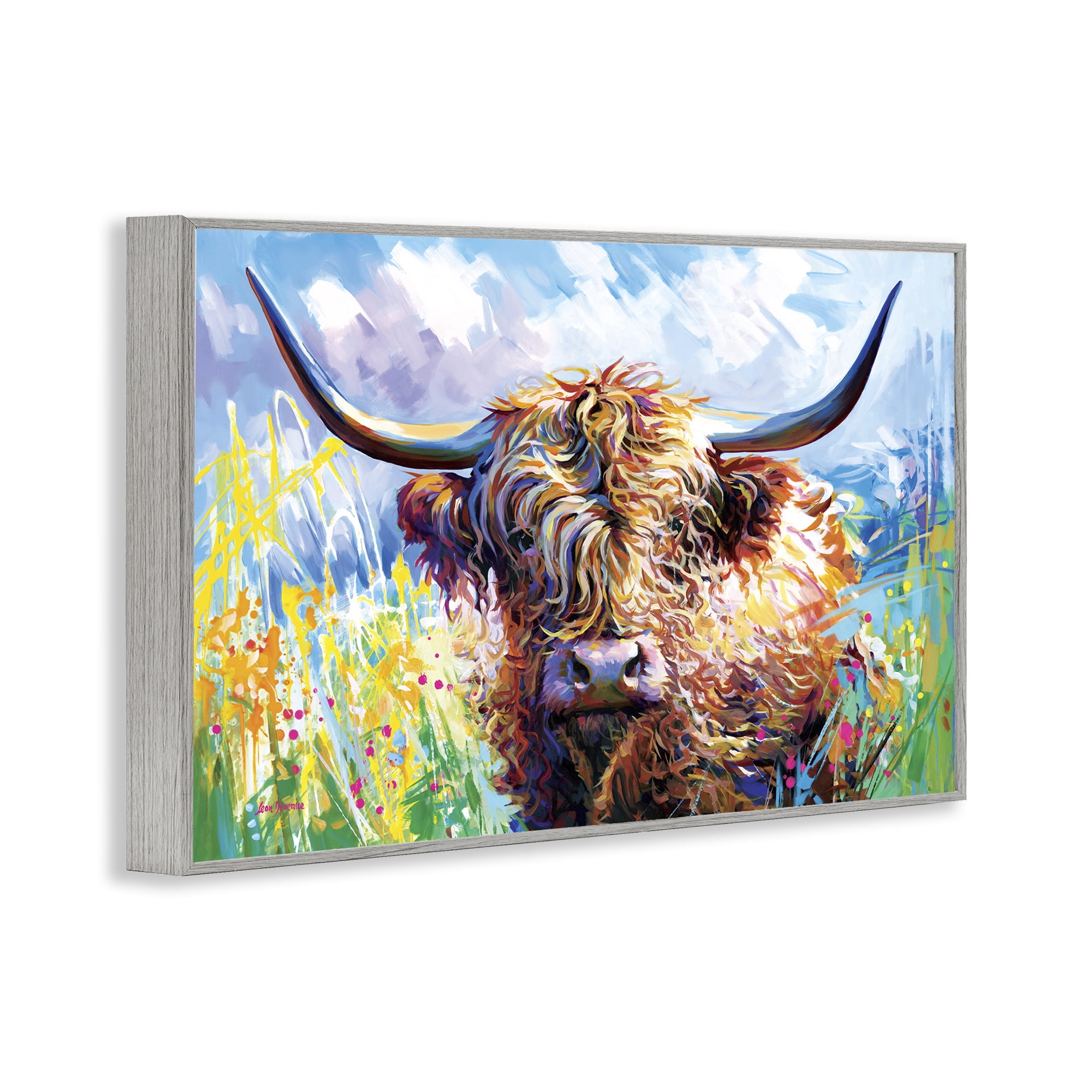 Stupell Industries Long Haired Highland Cattle Animals & Insects Painting Gray Framed Art Print Wall Art, 24 x 16