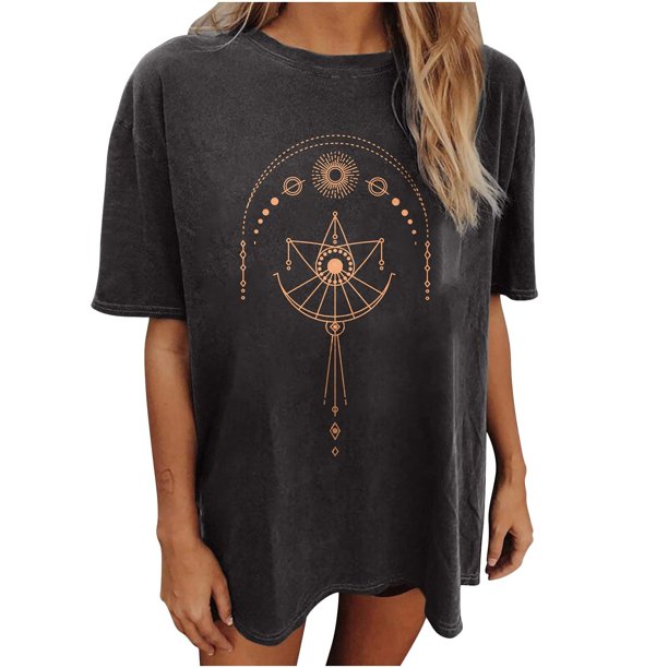 De Tops de verano para mujer, camiseta informal vintage de manga corta, camiseta negra elástica de cuello redondo holgada de gran tamaño para niñas