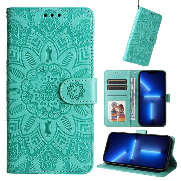 Dteck Fit for Apple iPhone 14 6.1 inch Wallet Case with Wrist Strap,Stylish Flower Embossed Pattern PU Leather Magnetic Clasp Flip Stand Card Slots Purse Phone Case for Women Girls,Green