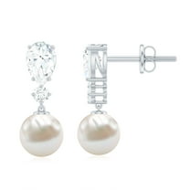 Rosec Jewels 3.5 CT Moissanite Dangle Drop Earrings with Freshwater Pearl Drop, 14K White Gold