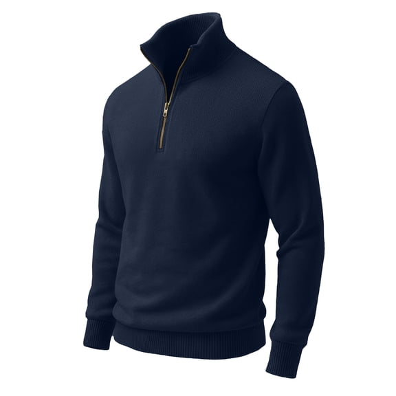 Mens Mock Neck Quarter Zip Pullover Sweater Long Sleeve Thermal Navy Blue Noah Winter Shirt (L)