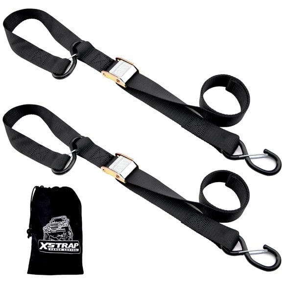 XSTRAP STANDARD Correas de amarre para motocicleta (paquete de 2) 3,000 lb de resistencia a la rotura Juego de amarre con hebilla de 8 pies con gancho en S y bucles suaves, color negro