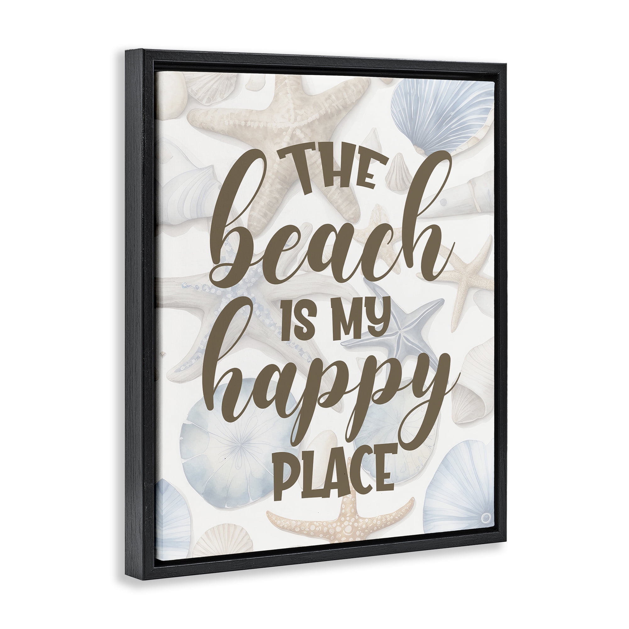 Stupell Industries Beach Happy Place Typography Painting Black Floater Framed Canvas Art Print Wall Art, 25 x 31