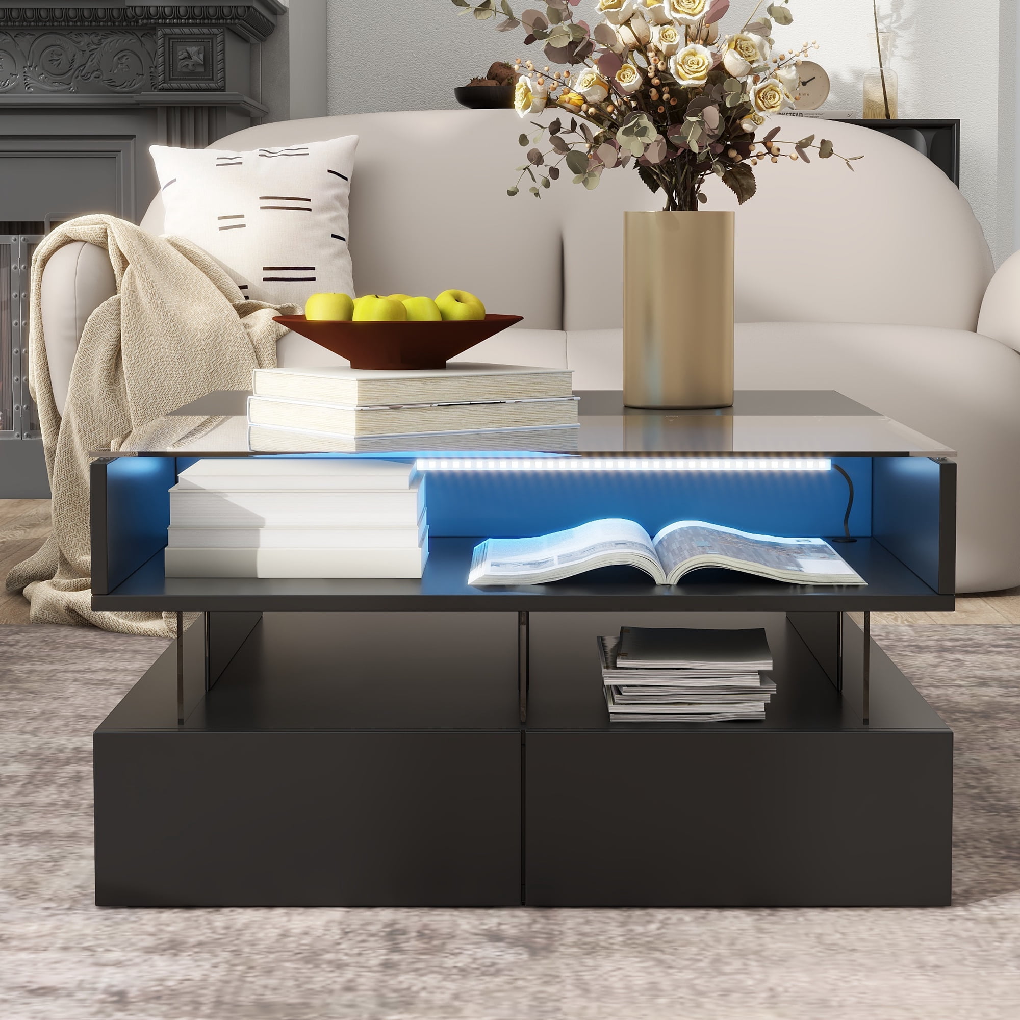 Euroco Modern Lift-Top Glass Coffee Table with LED Lights and Hidden Storage
