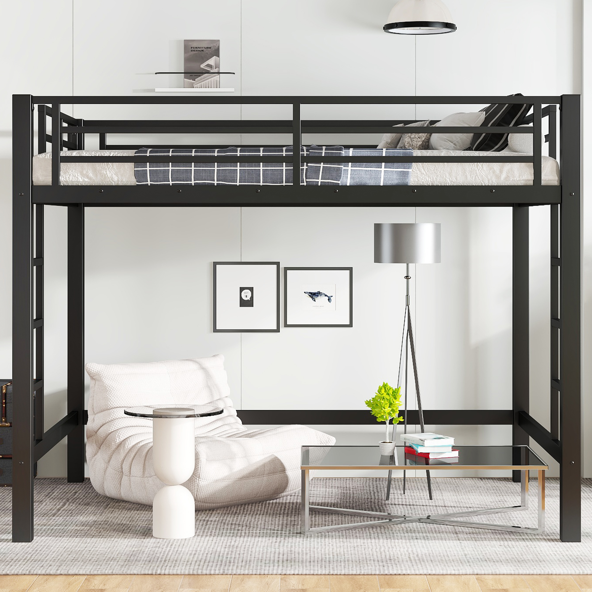 Aukfa Heavy Duty Full Size Metal Loft Bed for Kids, Teens and Adults, Space-Saving, Black