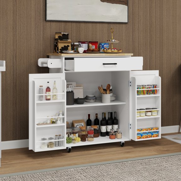 Hassch Rolling Kitchen Island Cart with Rubber Wood Top, 2 Doors with Internal Storage Racks, Wooden Home Bar Cart on Wheels with Drawer, Spice Rack & Towel Rack, for Kitchen, White