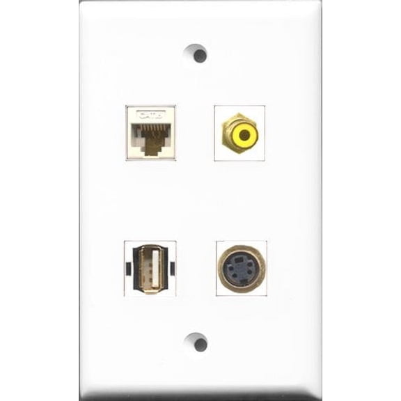 RiteAV 1 Port RCA Yellow and 1 Port USB A-A and 1 Port S-Video and 1 Port Cat6 Ethernet White Wall Plate