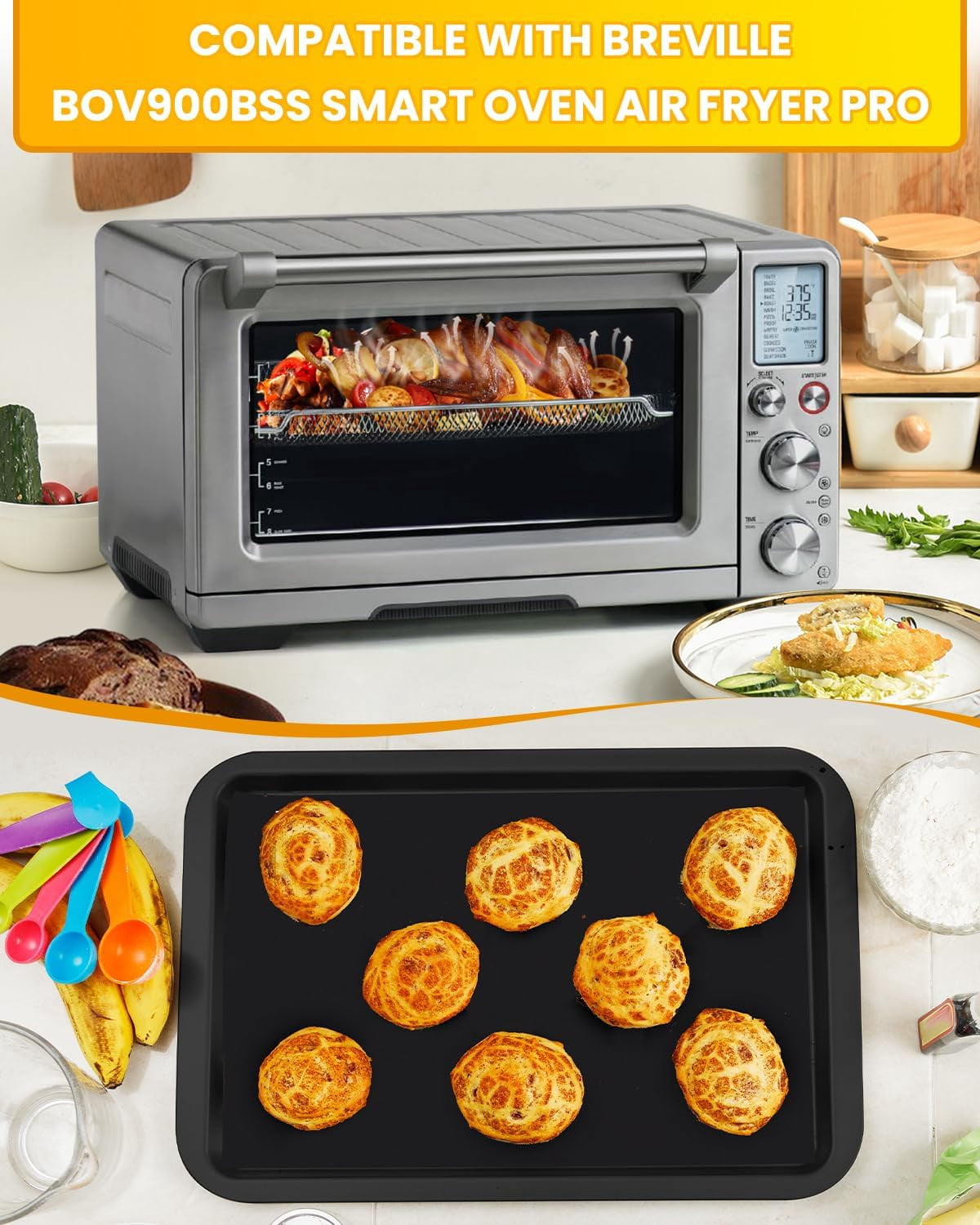 154PCs Air Fryer Liners Compatible with Breville BOV900BSS Smart Oven Air Fryer Pro, 100PCS Parchment Paper, 50PCS Perforated Liners, 4PCS Teflon Baking Mats Accessories for BOV900 Series
