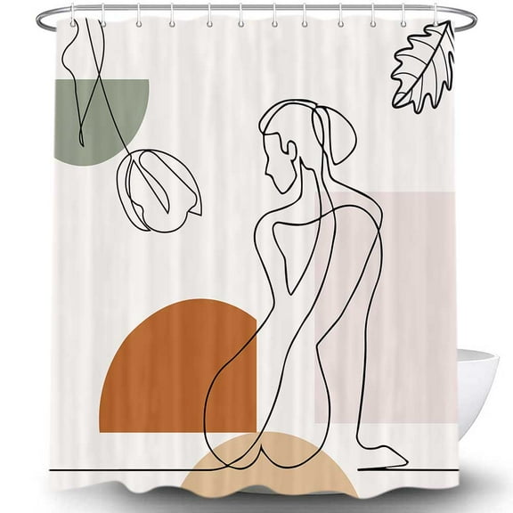 Modern Abstract Shower Curtain, Aesthetic Contemporary Art Shapes Line Woman Bathroom Shower Curtains Set Boho Cute Decorative Fabric Bath Curtain with Hooks, 69X70 inches