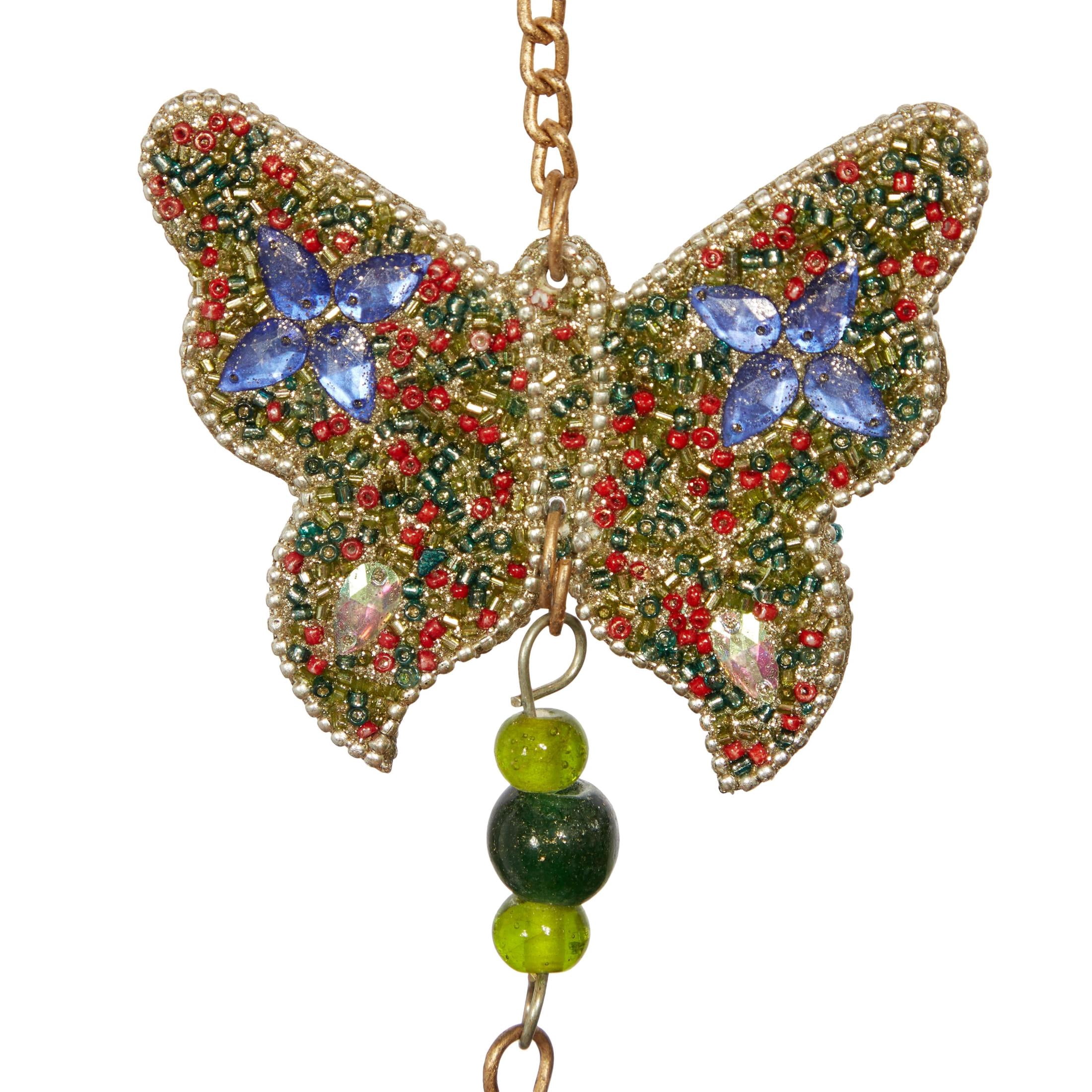 DecMode 39" Gold Metal Handmade Embellished Butterfly Windchime with Glass Beads and Cone Bells