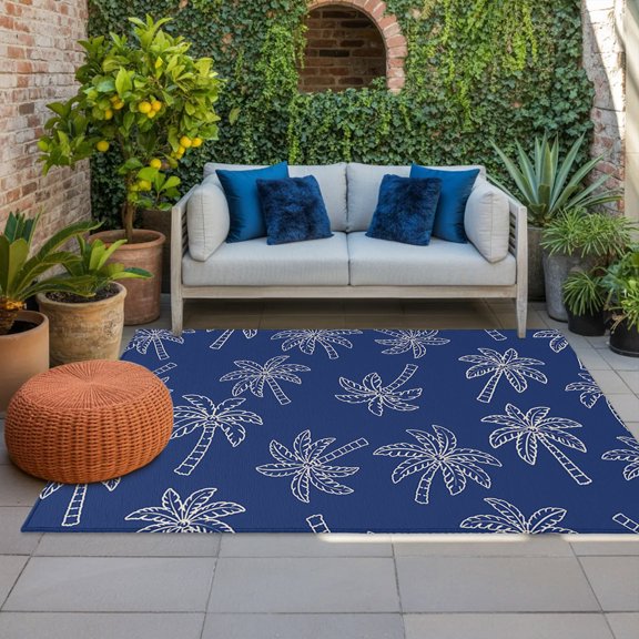 Outdoor Rug, Summer Tropical Palm Trees Indoor Area Rug Outdoor Carpet RV Camping Rugs 4x6ft Blue Background Outside Mat for Patio Picnic Porch Deck Balcony Backyard