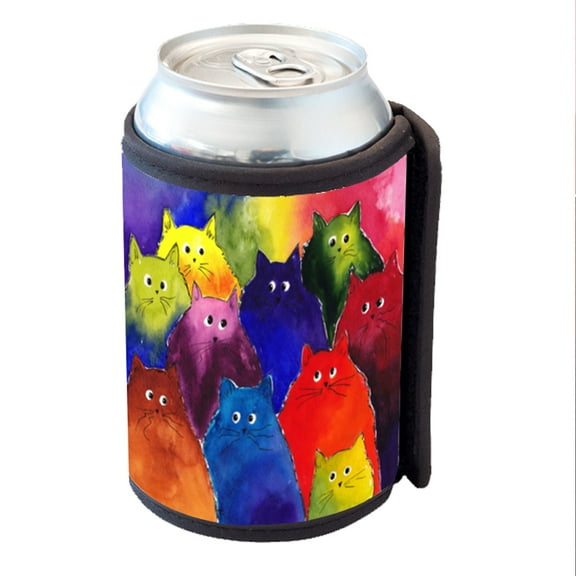 KuzmarK Insulated Drink Can Cooler Hugger - Very Colorful Two-Toned Silly Maine Coon Kitties Rainbow Background Art by Denise Every