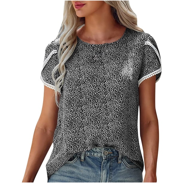 Moda mujer Casual impresión cuello redondo jerseys manga corta blusa camiseta Tops Pompotops hfajkhk127556