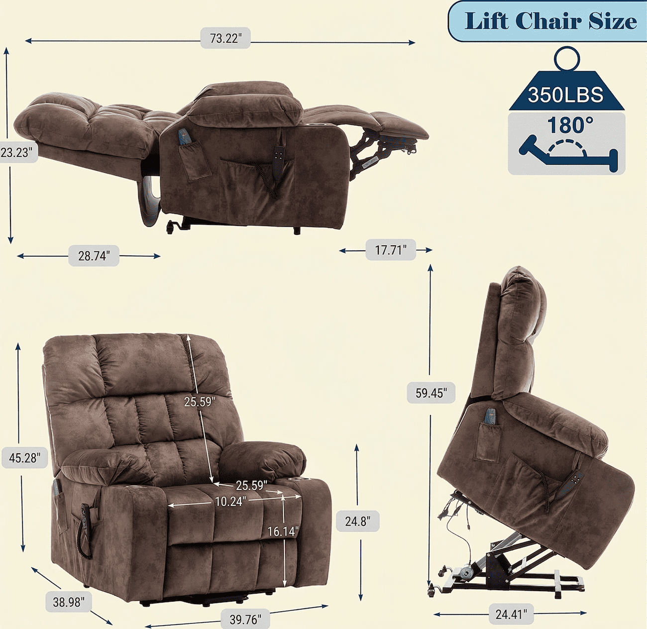Power Lift Recliner Chair for Elderly with Massage and Heat, Dual Motor Infinite Position Recliner up to 180°, Overstuffed Wide Recliner with Cup Holders, Heavy Duty 400 lbs, Brown Velvet