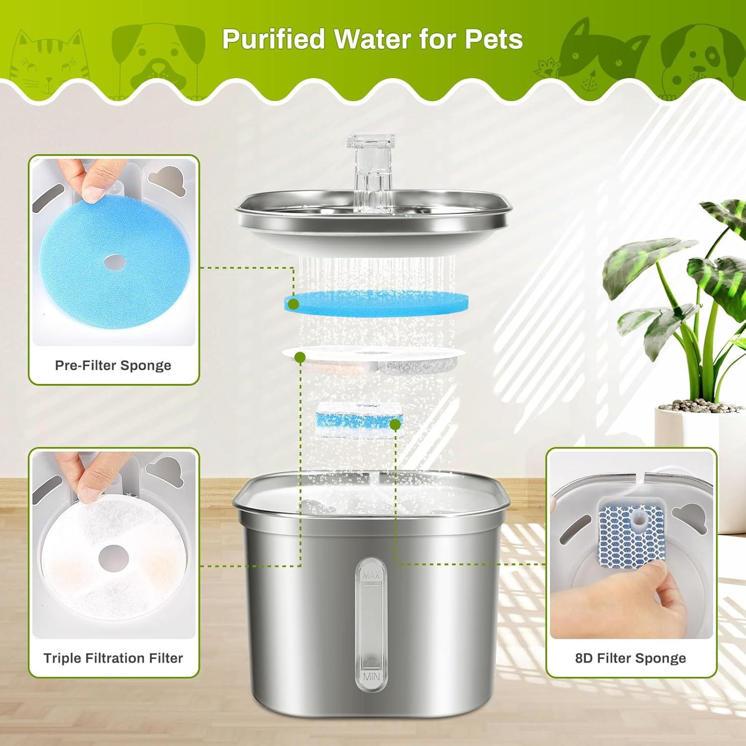 Petavista 2.2L/74oz Stainless Steel Cat Water Fountain with Water Level Window Suitable for Dogs Cats