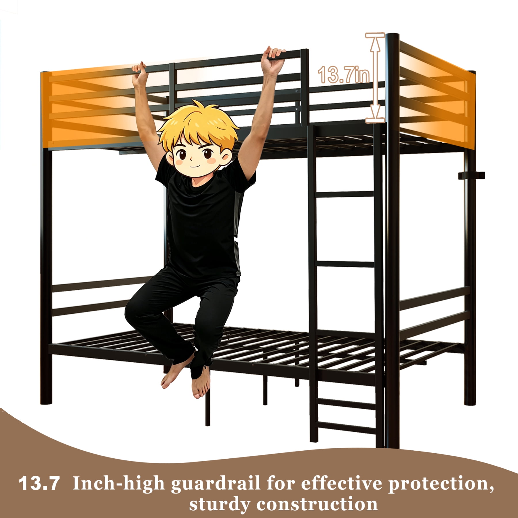 Leumius Metal Bunk Bed Twin Over Twin,13.7" High Safety Guardrail, Heavy-Duty Slats Support Up to 600LBS, Sturdy Side Ladder, Large Under Bed Storage, Convertible into 2 Separate Twin Beds,Black