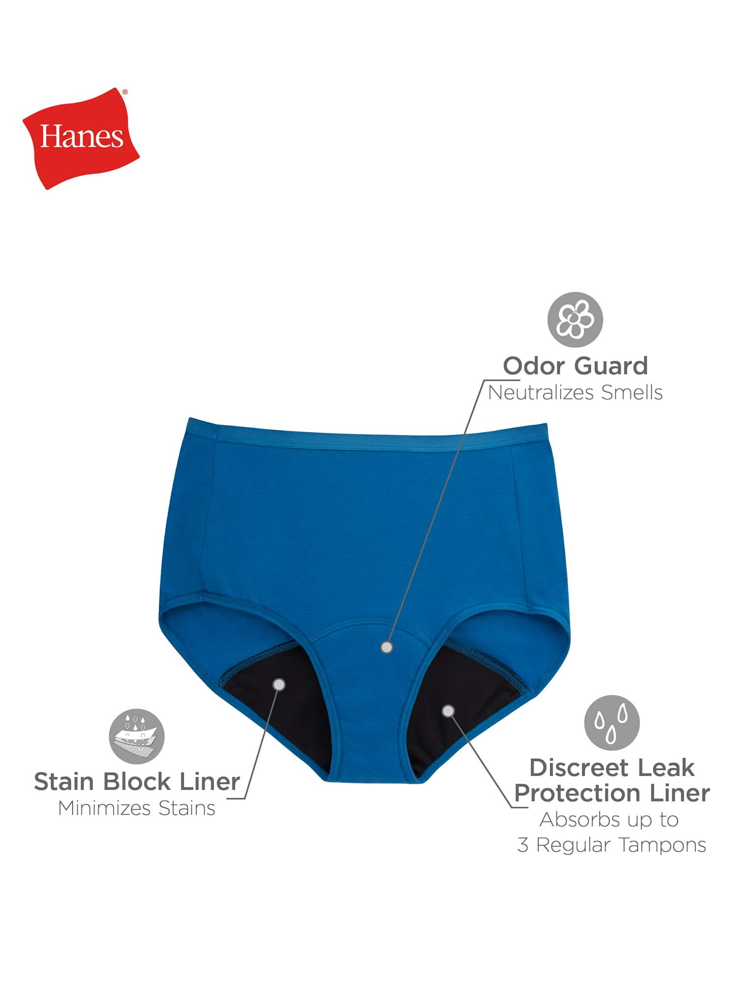Briefs  Womens Hanes Hanes Comfort, Period.™ Moderate Period Women'S Brief  Underwear Pack, Moderate Leaks, Black/Assorted Blues, 3-Pack » Every Six  Weeks