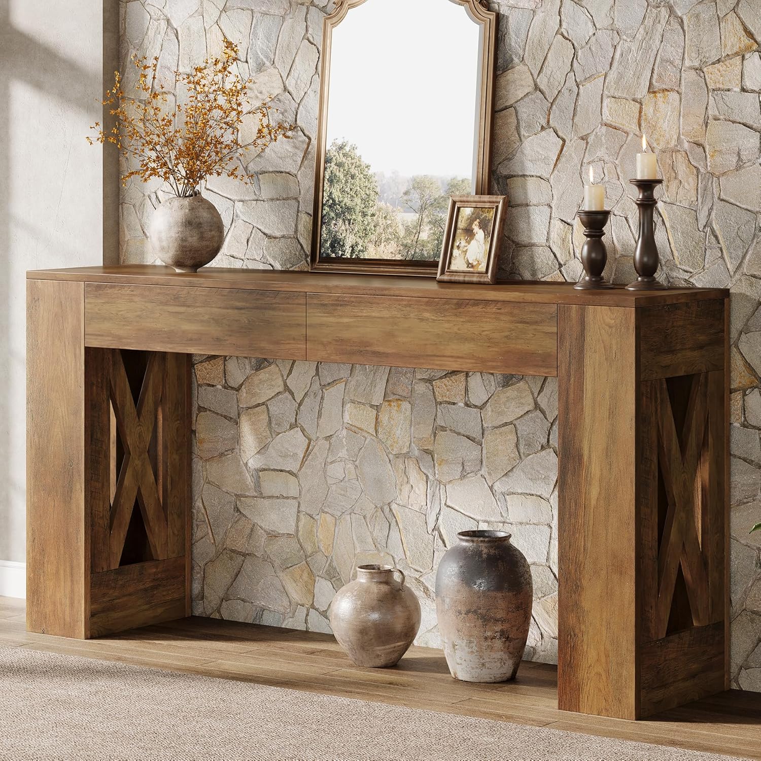 Tribesigns 63-Inch Long Console Table, Farmhouse Entryway Table with 2 Drawers and X-Shaped Legs for Entrance, Warm Brown